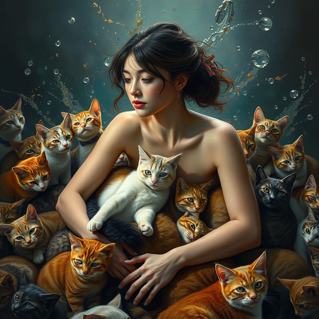 Woman Surrounded by Cats in Vibrant Hyperrealistic Art