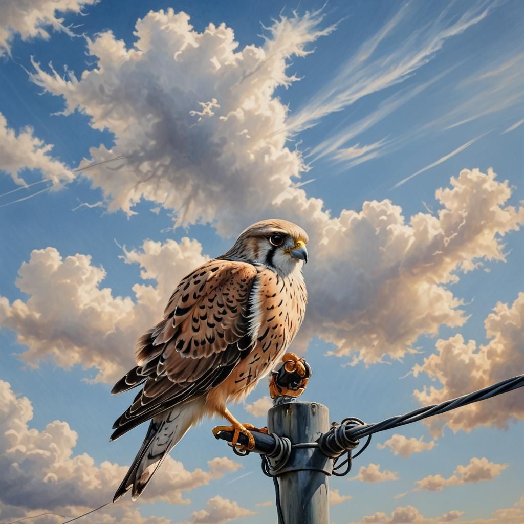 Kestrel on a Wire in Airbrush Art Style