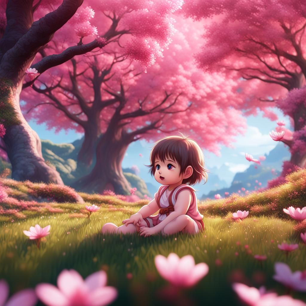 Anime Baby Playing Under Blossom Trees