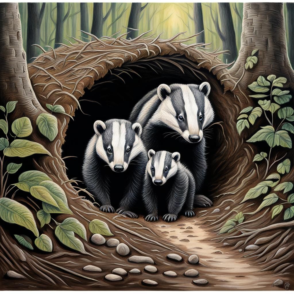 Chalk Art Badger and Cub at Forest Edge