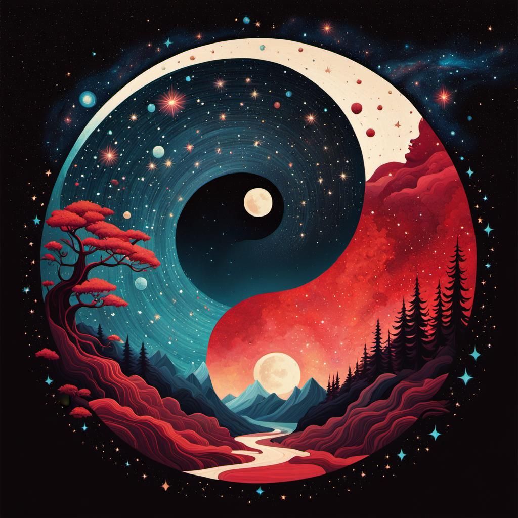 Yin Yang Galaxy Adventure: Double Exposure Collage Art