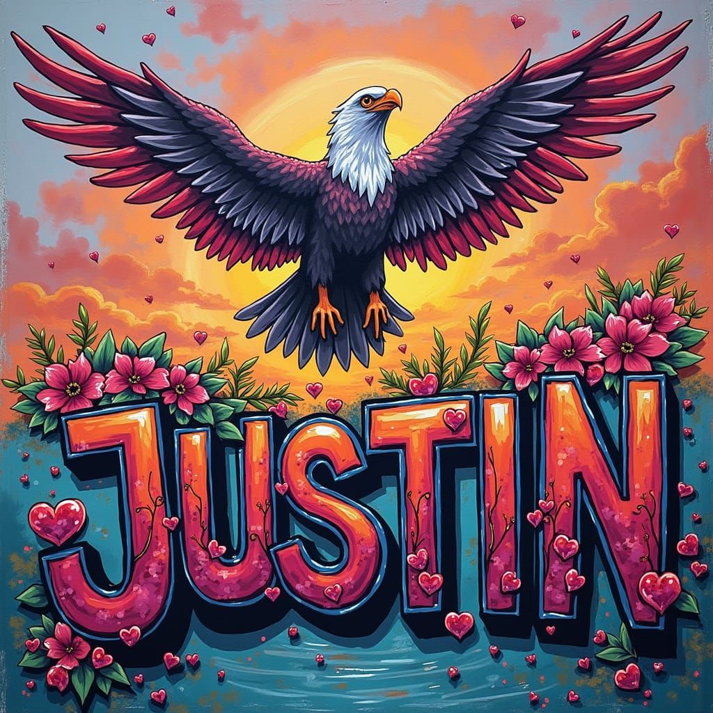 80s Street Art Graffiti with Reflective Justin Letters in Su...