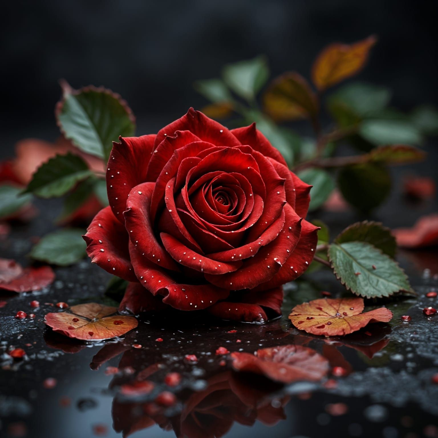 Crimson Rose with Water Droplets on Reflective Surface