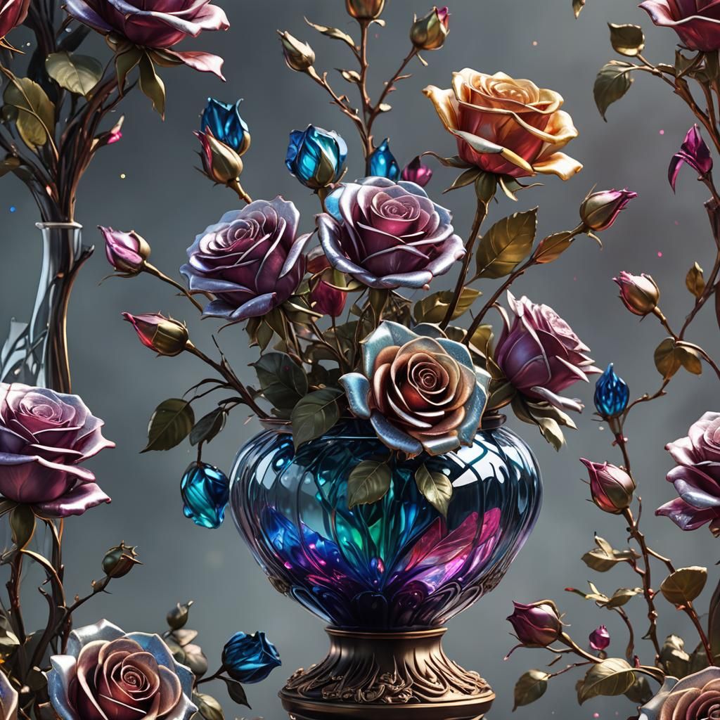 Blown Glass Roses in Shimmering Vase