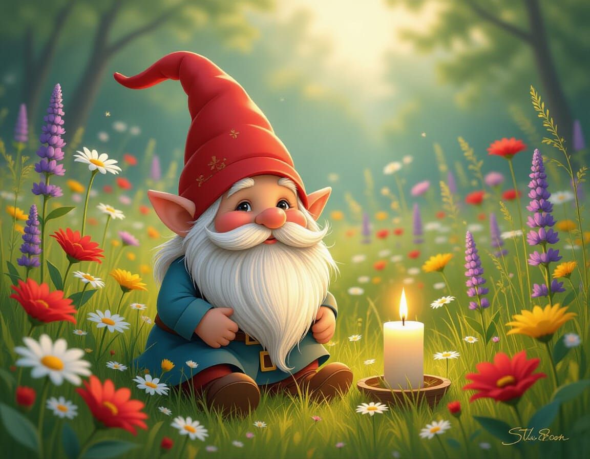 Gnome in Lush Meadow with Candlelight: Ethereal Fantasy Art