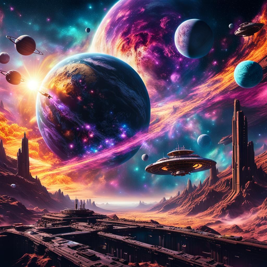 Epic Space Opera: Soaring Spaceship and Nebula