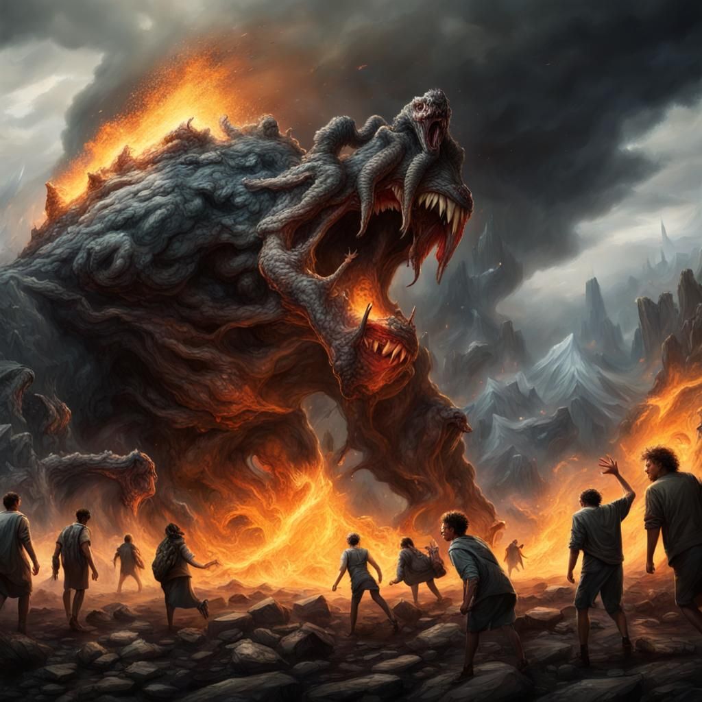 Hyper-Realistic Mountain-Sized Monster Spitting Poison