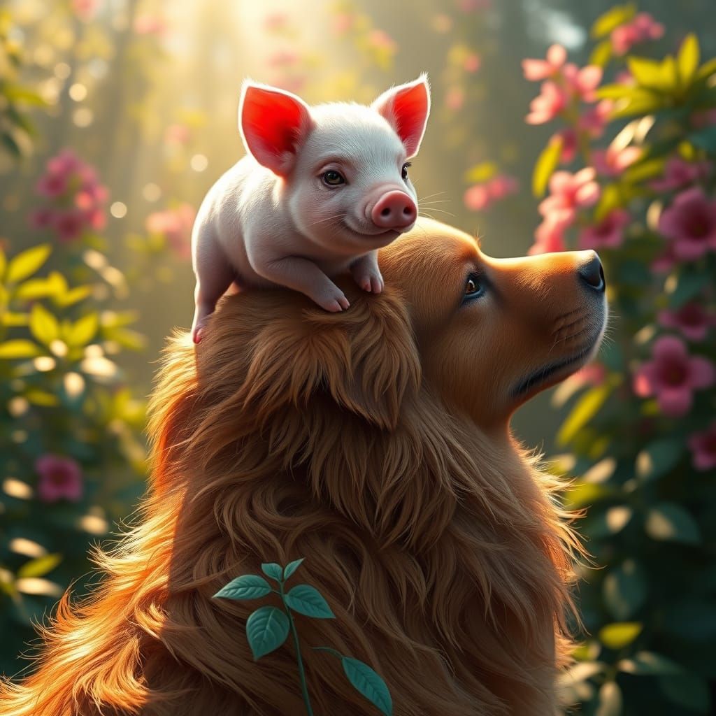Whimsical Strawberry Guine Pig on a Golden Retriever in a Dr...