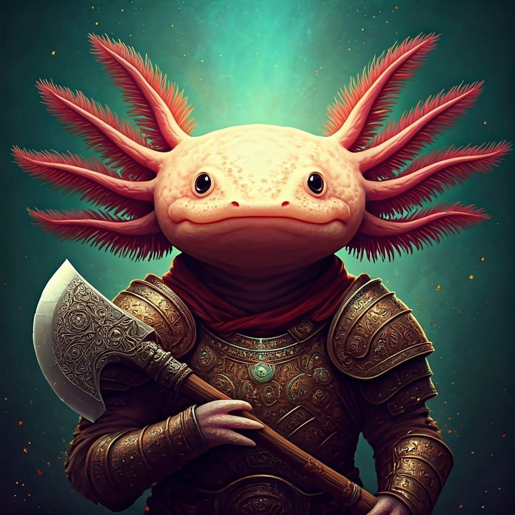 Axolotl Warrior in Vibrant, Ancient Temple Hues