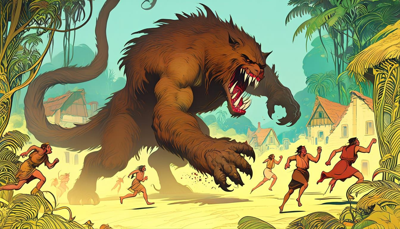 Grotesque Beast Attacks Jungle Village in High Detail