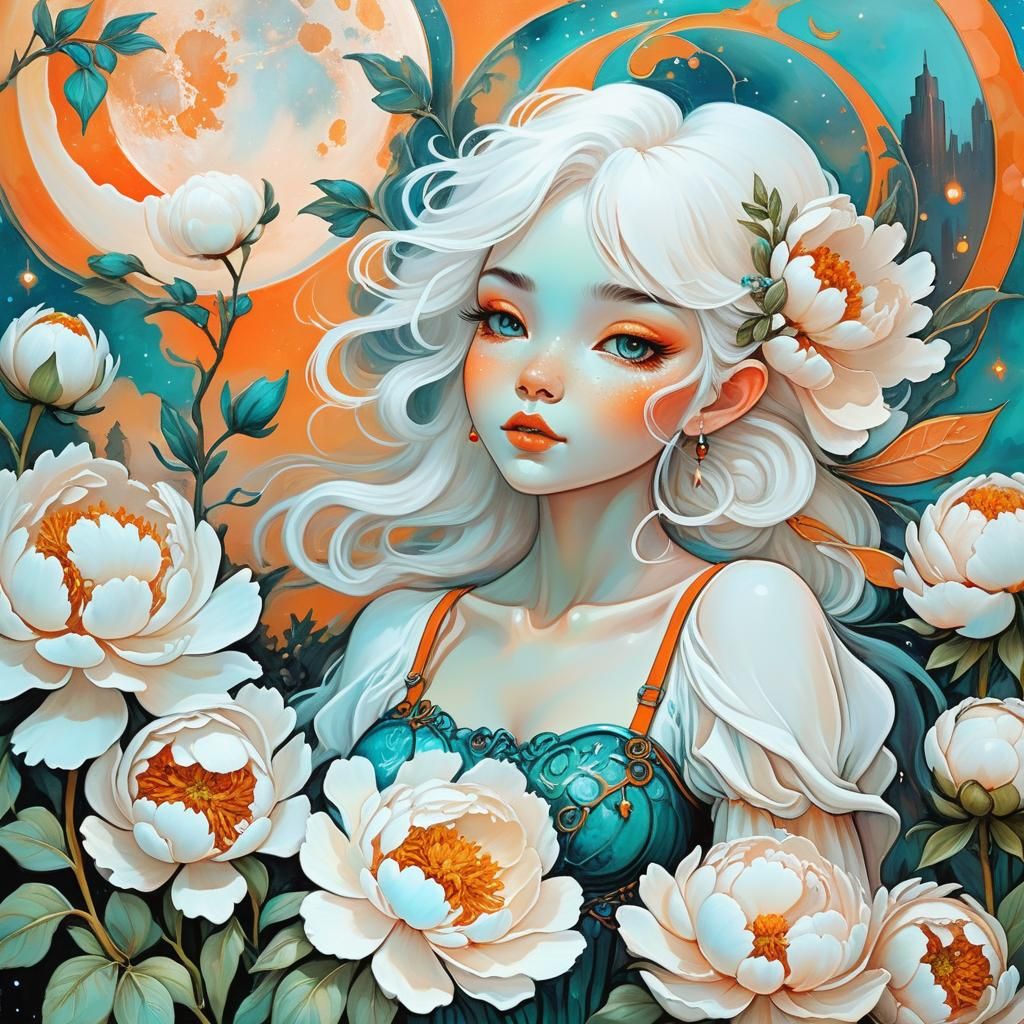 Garden Fairy with Peonies in Impasto Style