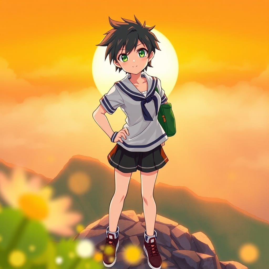 Tomboy Anime Character at Sunset in Manga Style