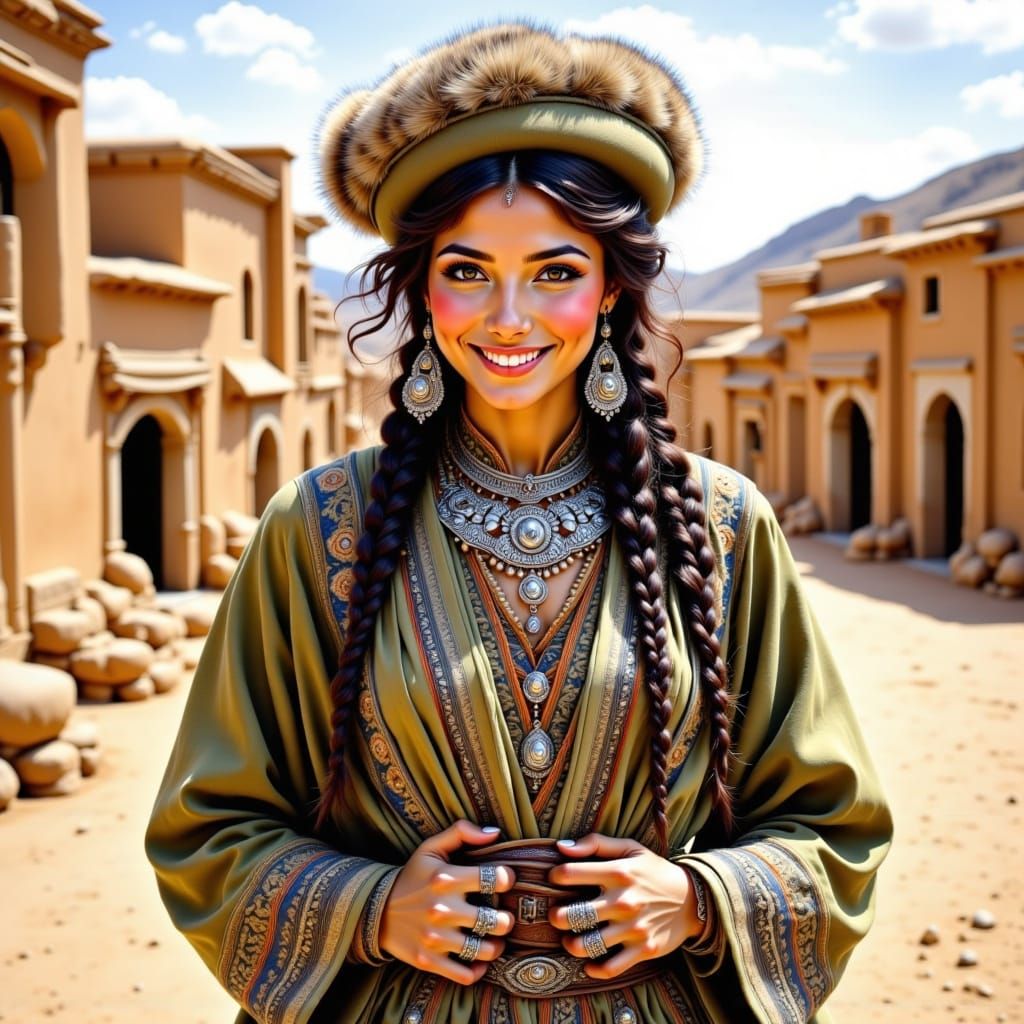 Kazakh Woman in Traditional Dress, Watercolor Acrylic