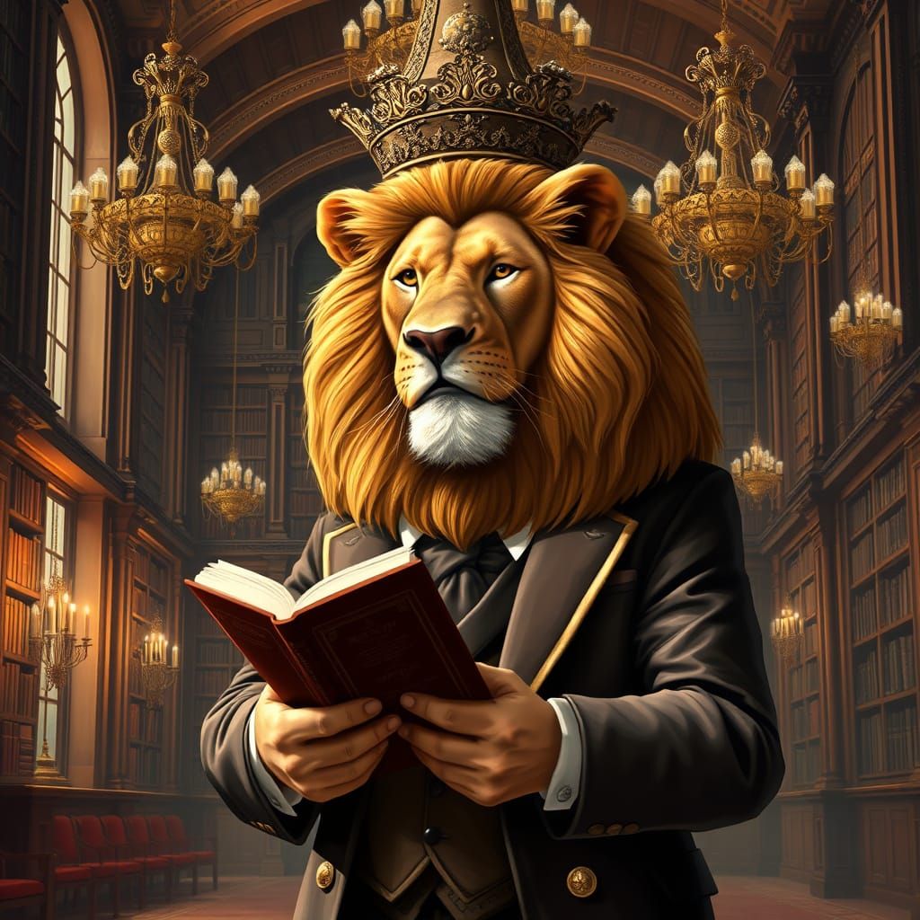 Majestic Lion King in Renaissance Library Portrait