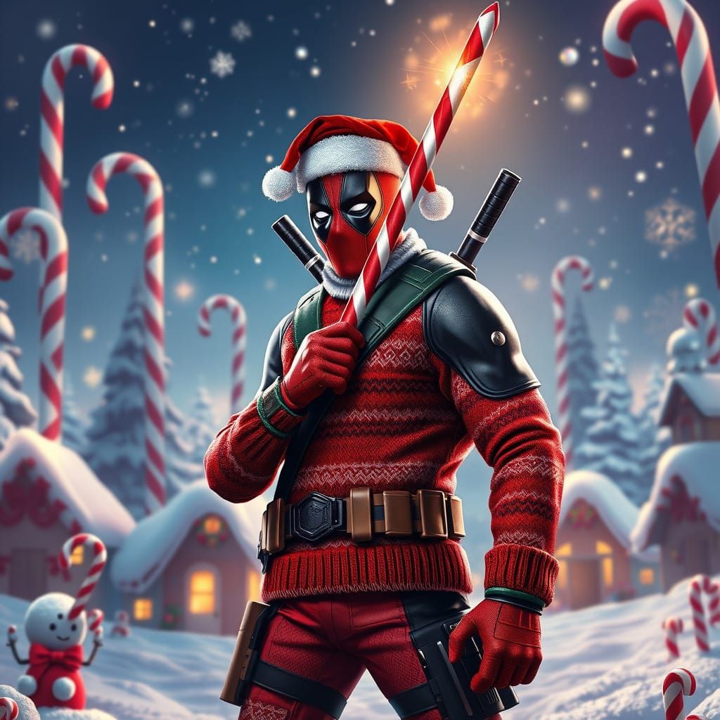 Cyberpunk-Style Christmas Deadpool in Whimsical Winter Wonde...