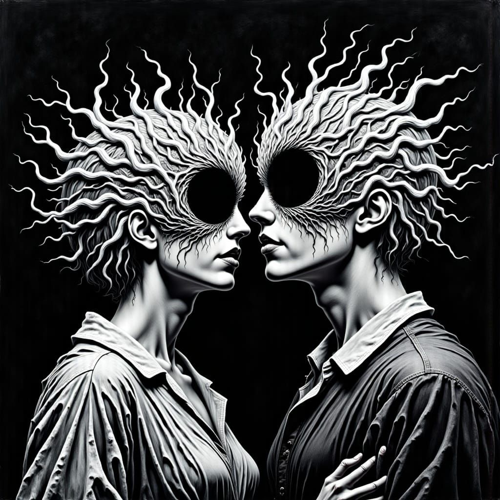 Couple Embracing with Swirling Holes, Junji Ito Style