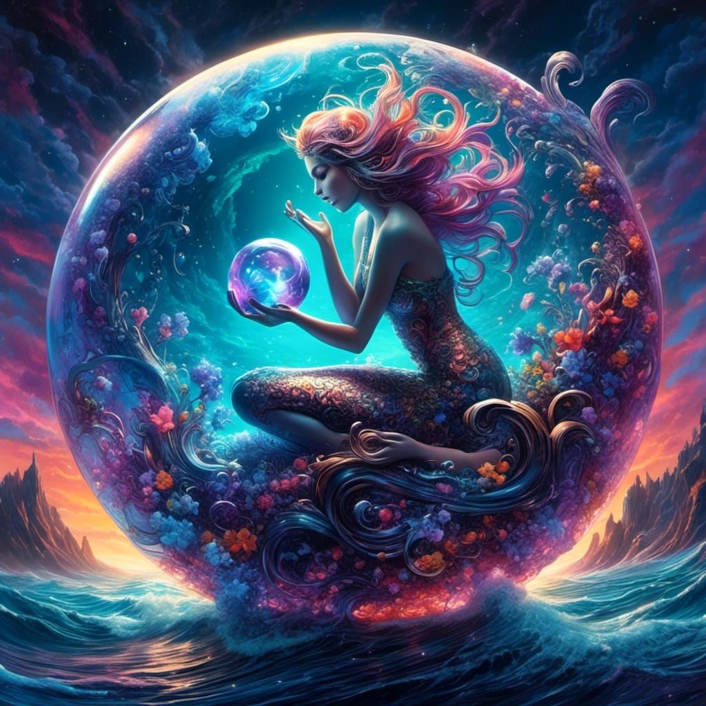 Amethyst Crystal Ball with Mermaid in Graffiti Style