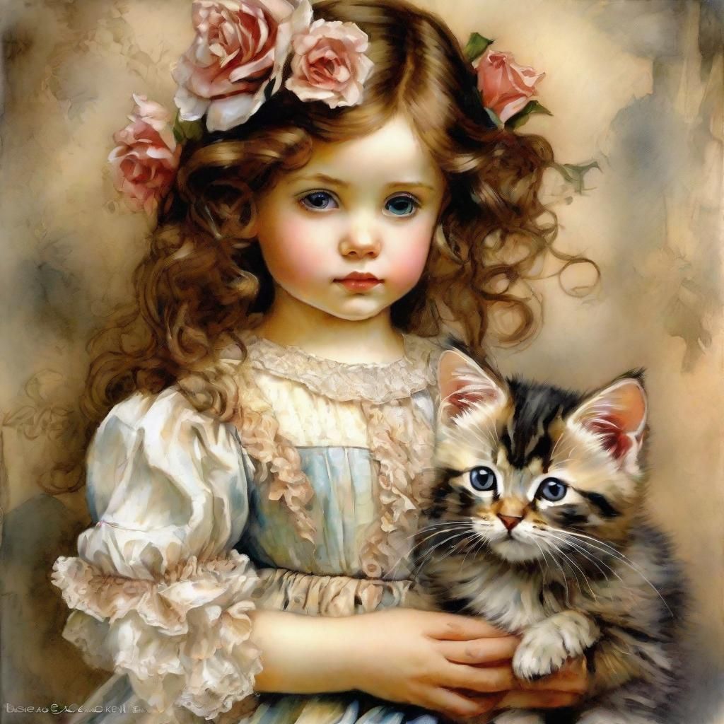 Victorian Girl and Kitten in Hyperrealistic Style
