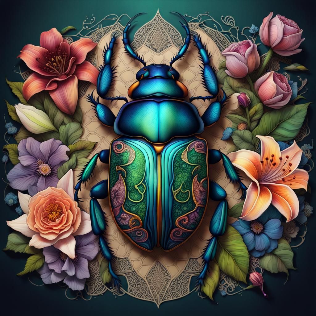 Scarab Beetle with Flowers as Detailed Matte Painting