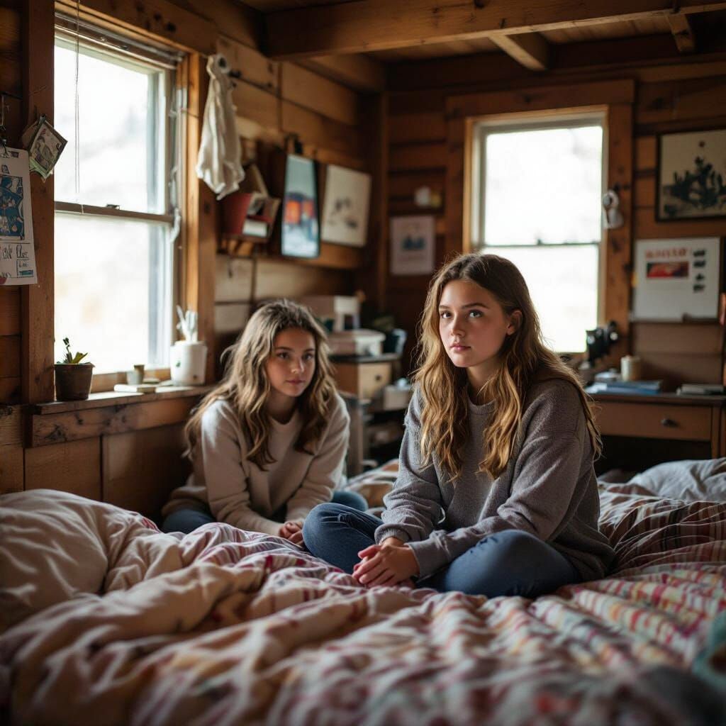 Cinematic Film Still of Mia and Her Mother Jane