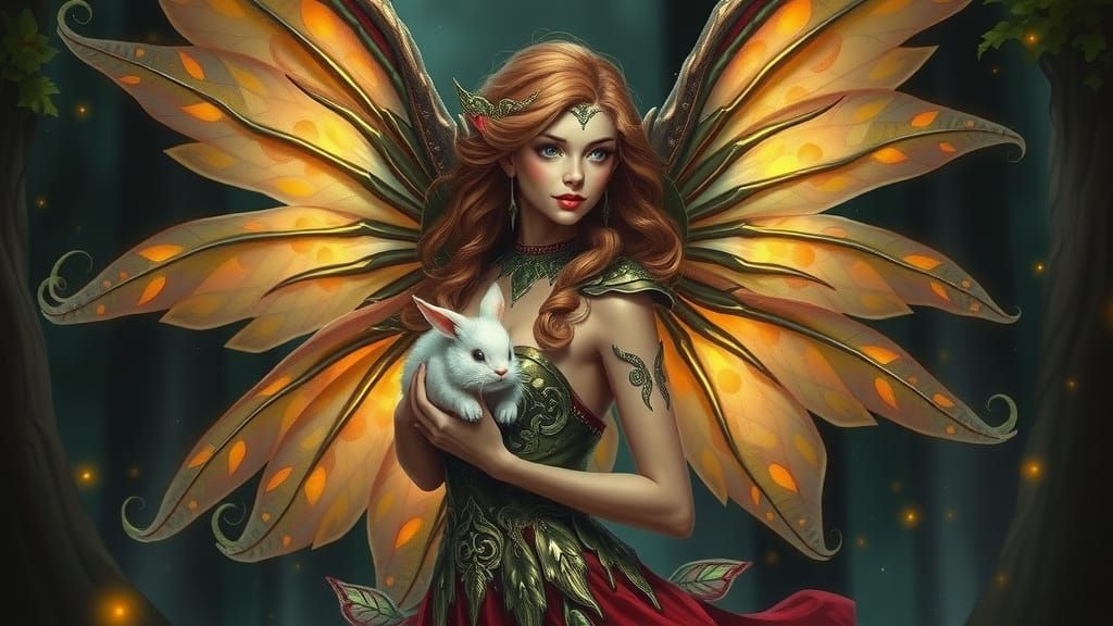 Forest Elf with Bunny in Ornate Oil Painting