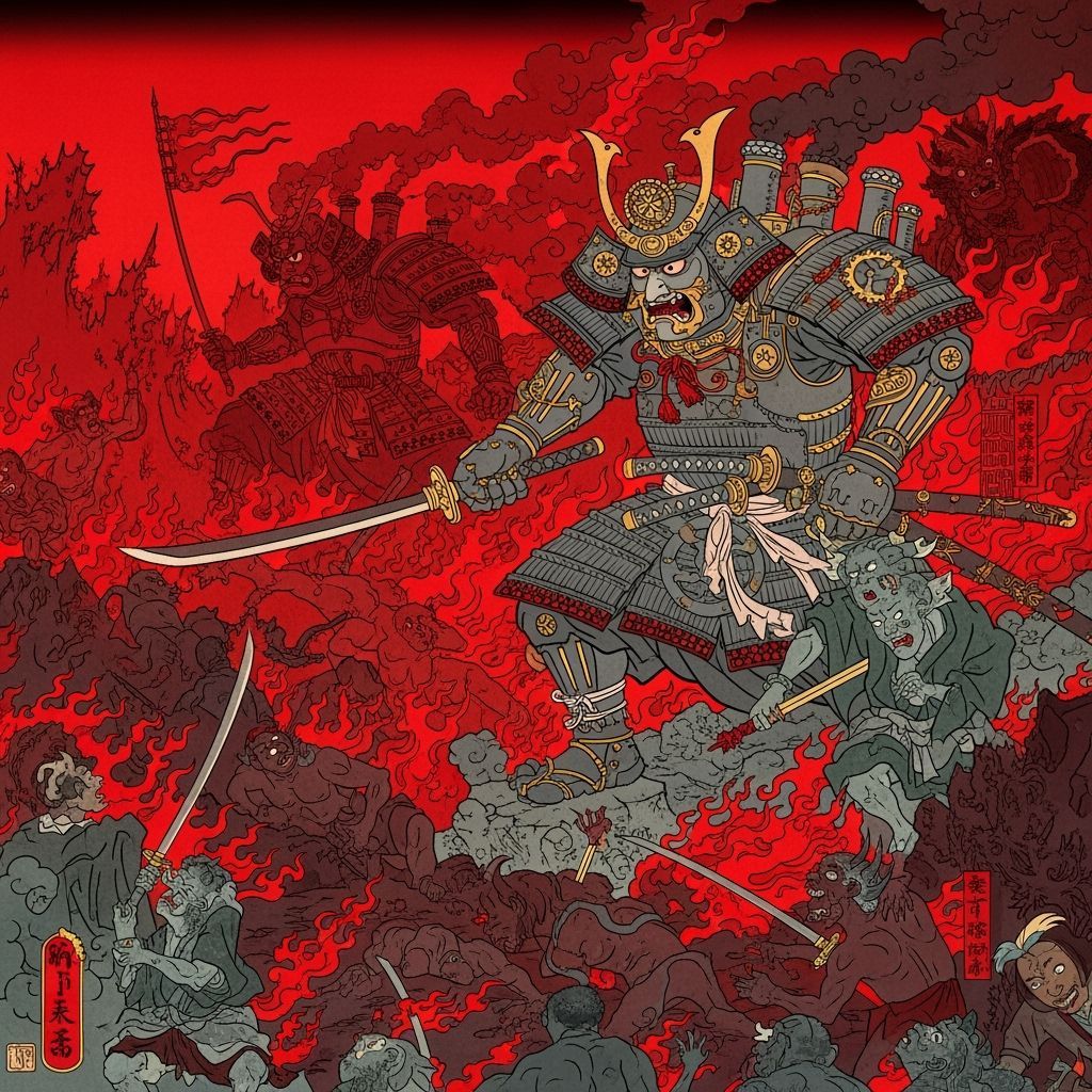 Steampunk Samurai Battle in Hokusai-Style Hellscape