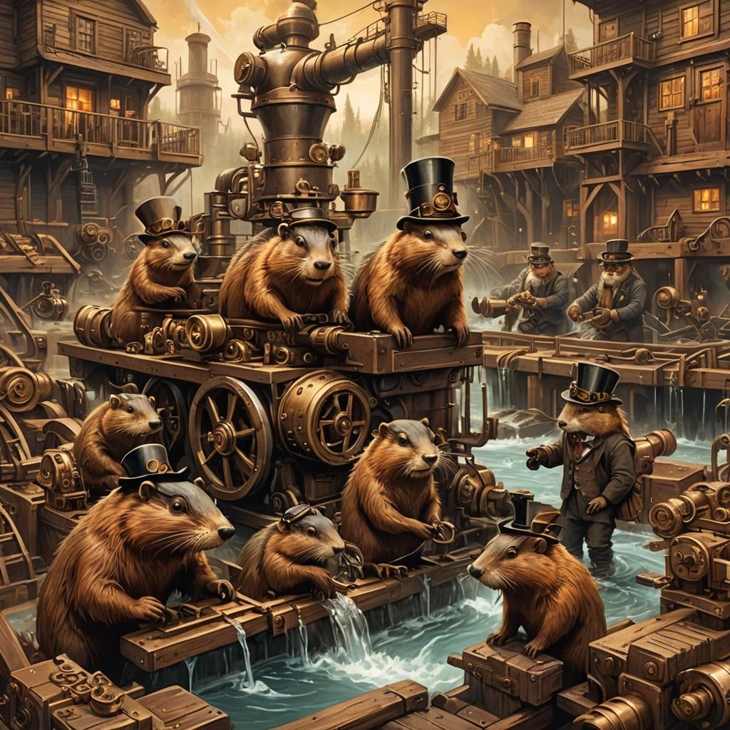 Steampunk Beavers Build a Dam with Intricate Machinery