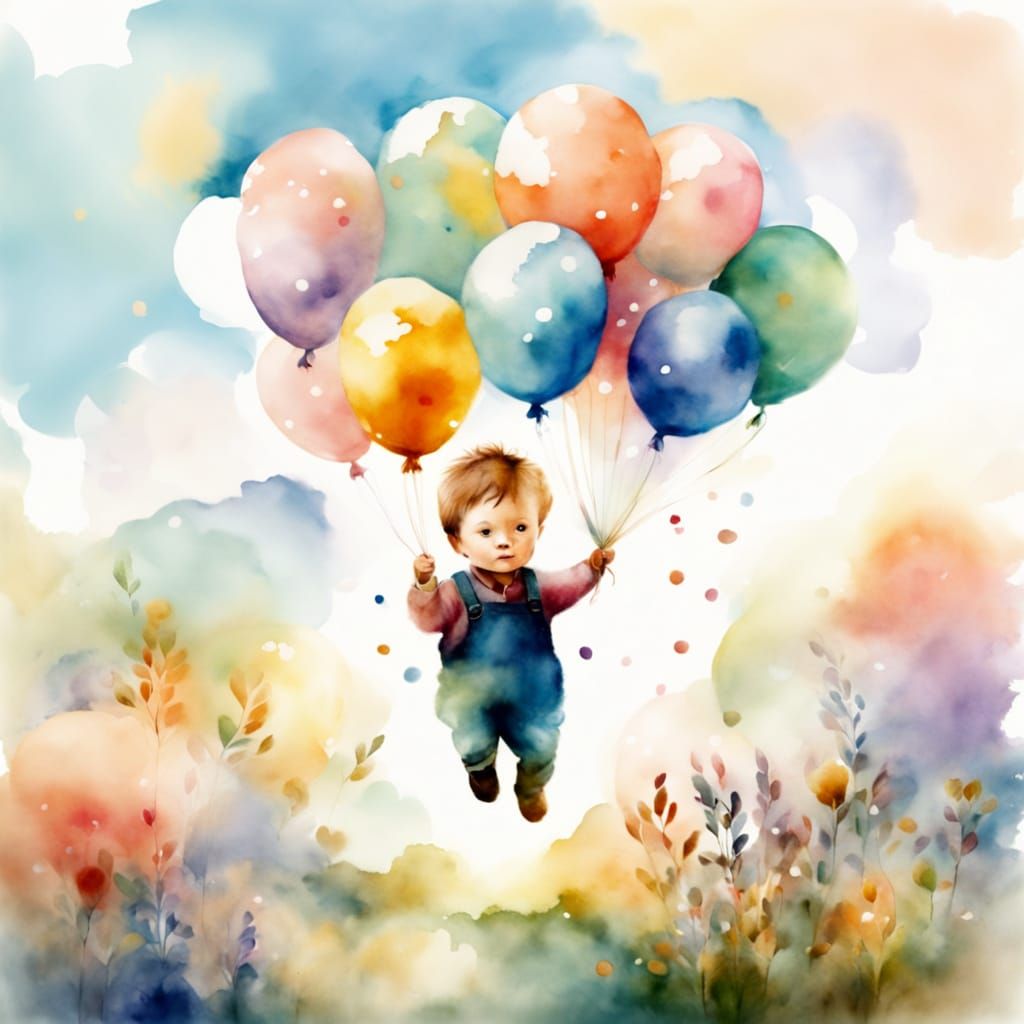 Child Floats with Balloons in Watercolor Style