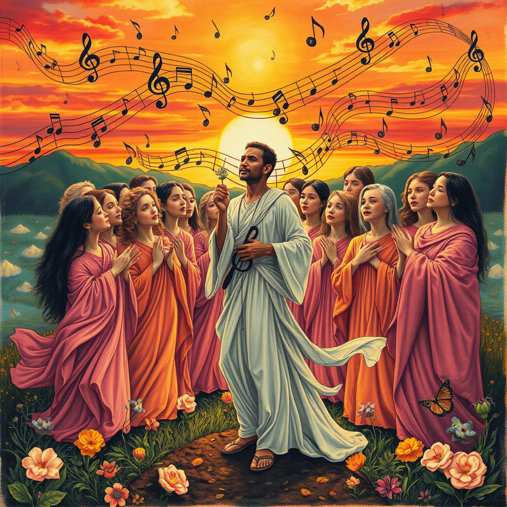 Mystical Choir Singing in Surreal Sunset Landscape