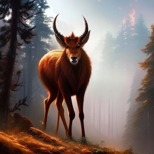 Perfect Antelope in Flaming Forest, Hyperdetailed Art
