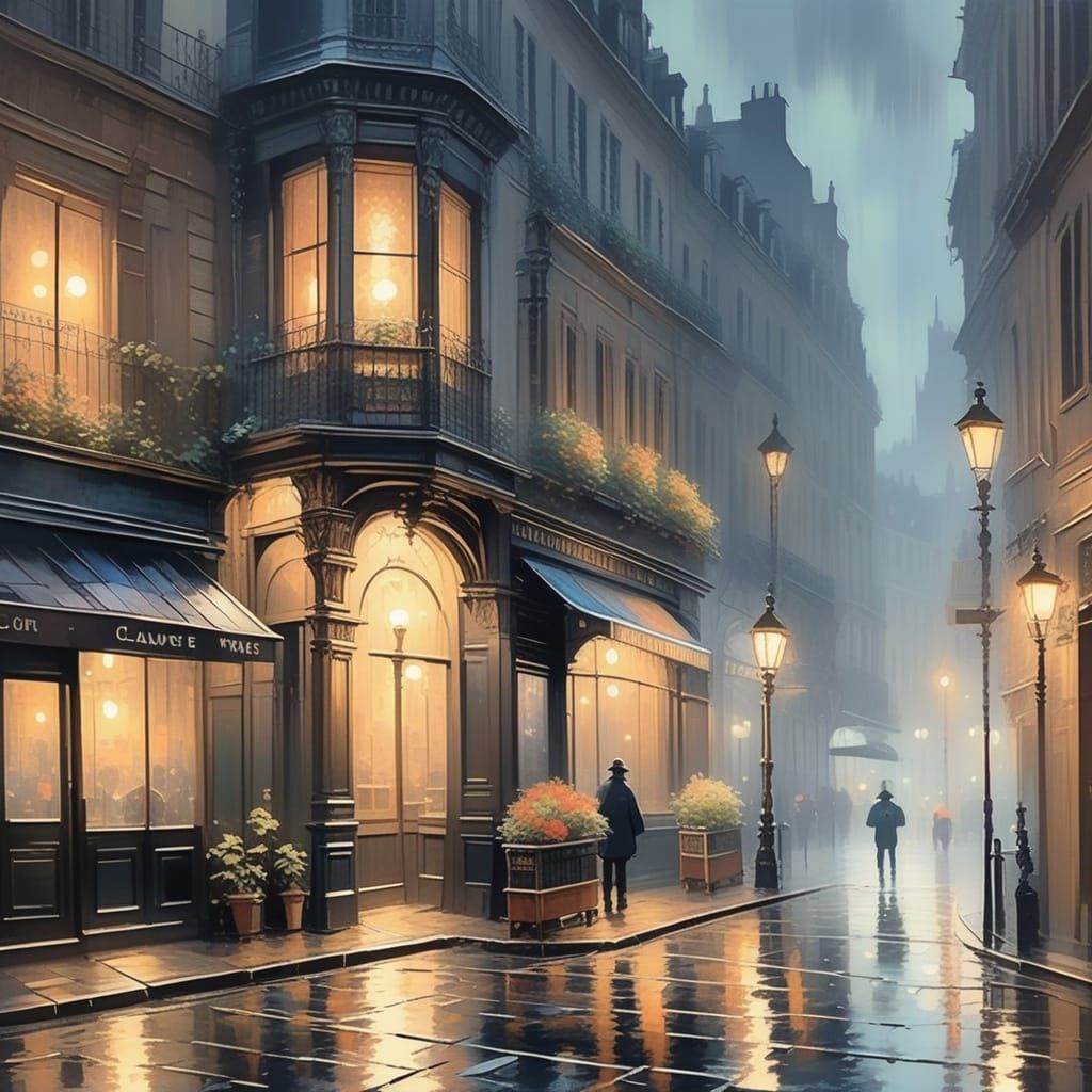 Misty Gaslit City Street at Night in Impressionist Style