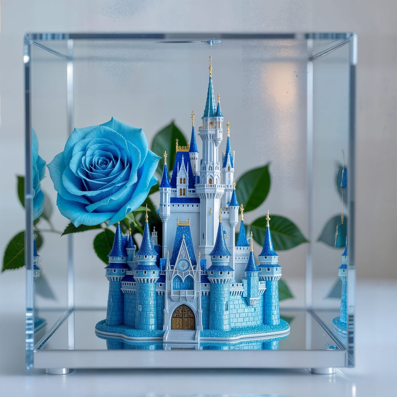 Blue Castle in Glass Case with Blue Rose