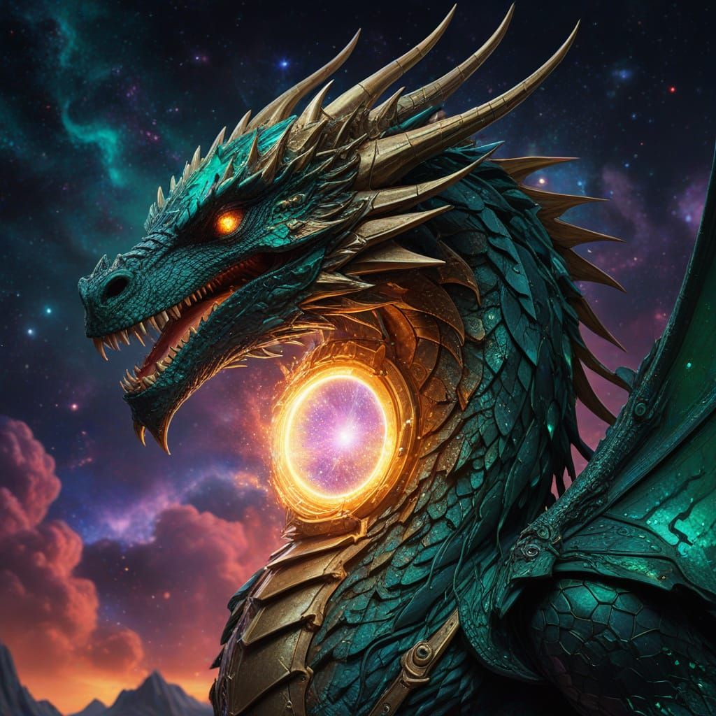 Mechanical Dragon Guarding Cosmic Portal: Steampunk Art