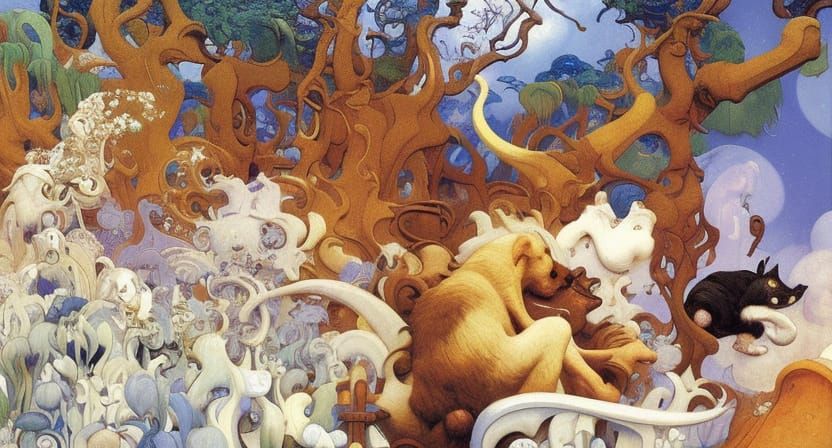 Dogs Playing: Fantasy Art with Dynamic Lighting