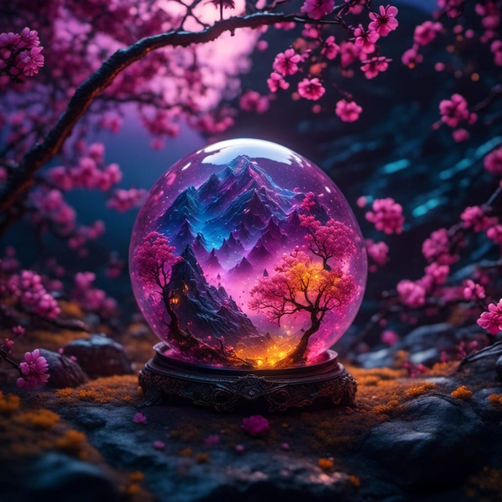 Plum Blossoms in Glass Ball, Detailed Digital Art