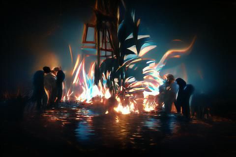 Night Bonfire Lit in Artistic Style