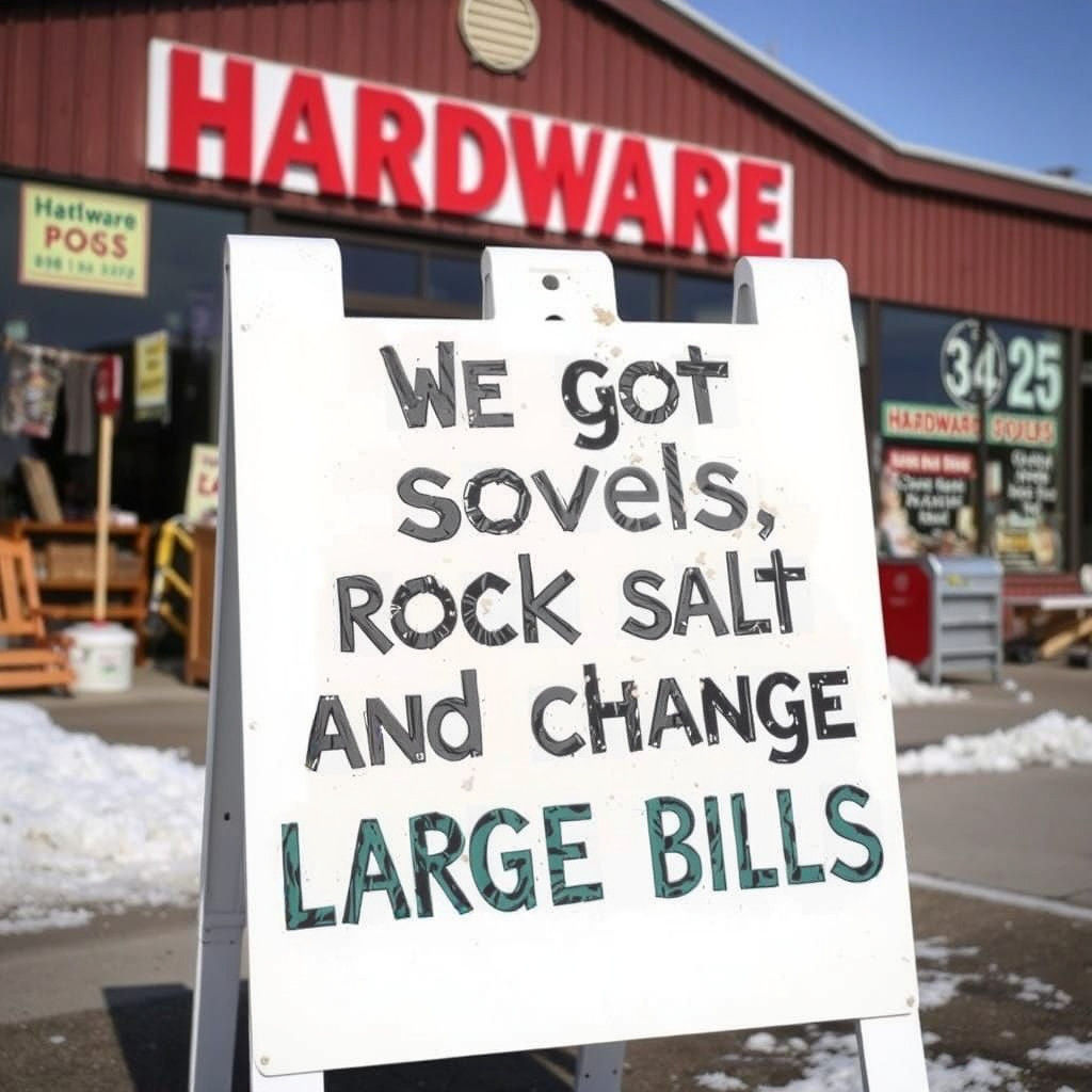 Winter Storm Warning Sign in Front of Hardware Store