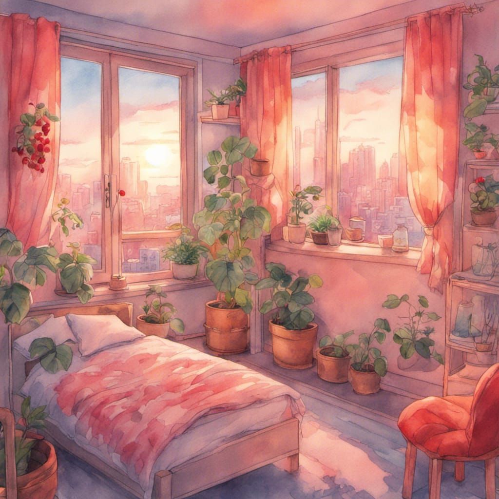 Anime Bedroom Interior at Sunset in Pastel Watercolors