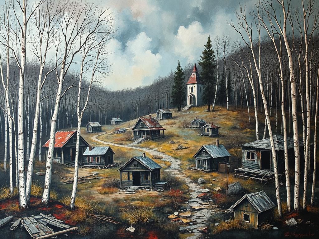 Eerie Ghost Town Landscape Painting in Forest