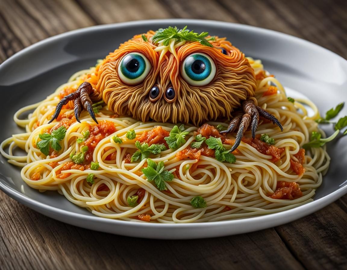 Spaghettini Creature with Shiny Eyes on a Plate