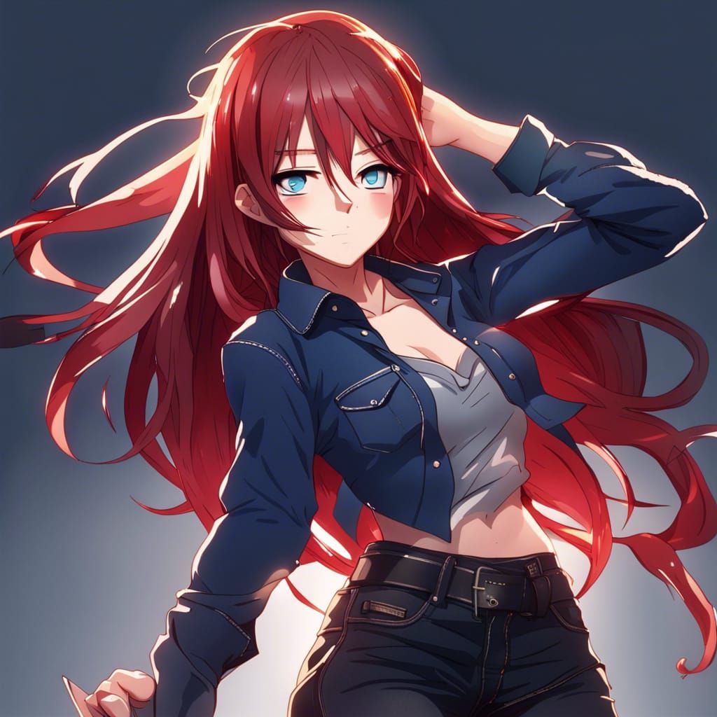 Anime Girl with Red Hair in Blue Jeans