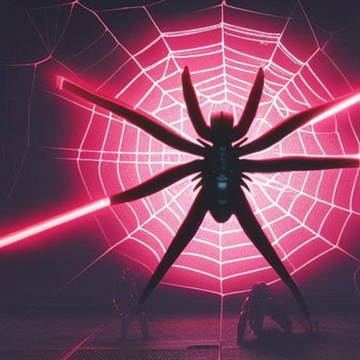 Cyberpunk Giant Spider on Web in Neon City