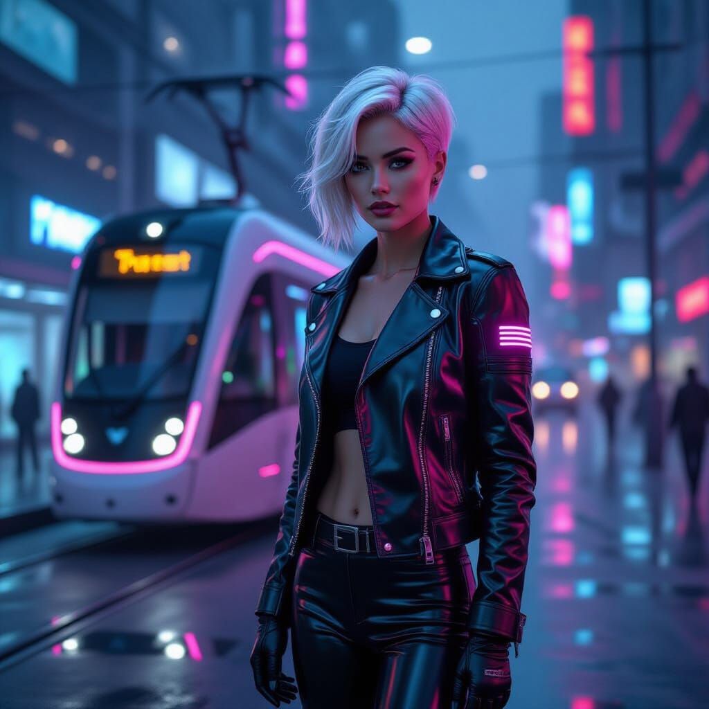 Cyberpunk Woman in Neon City with Reflective Jacket