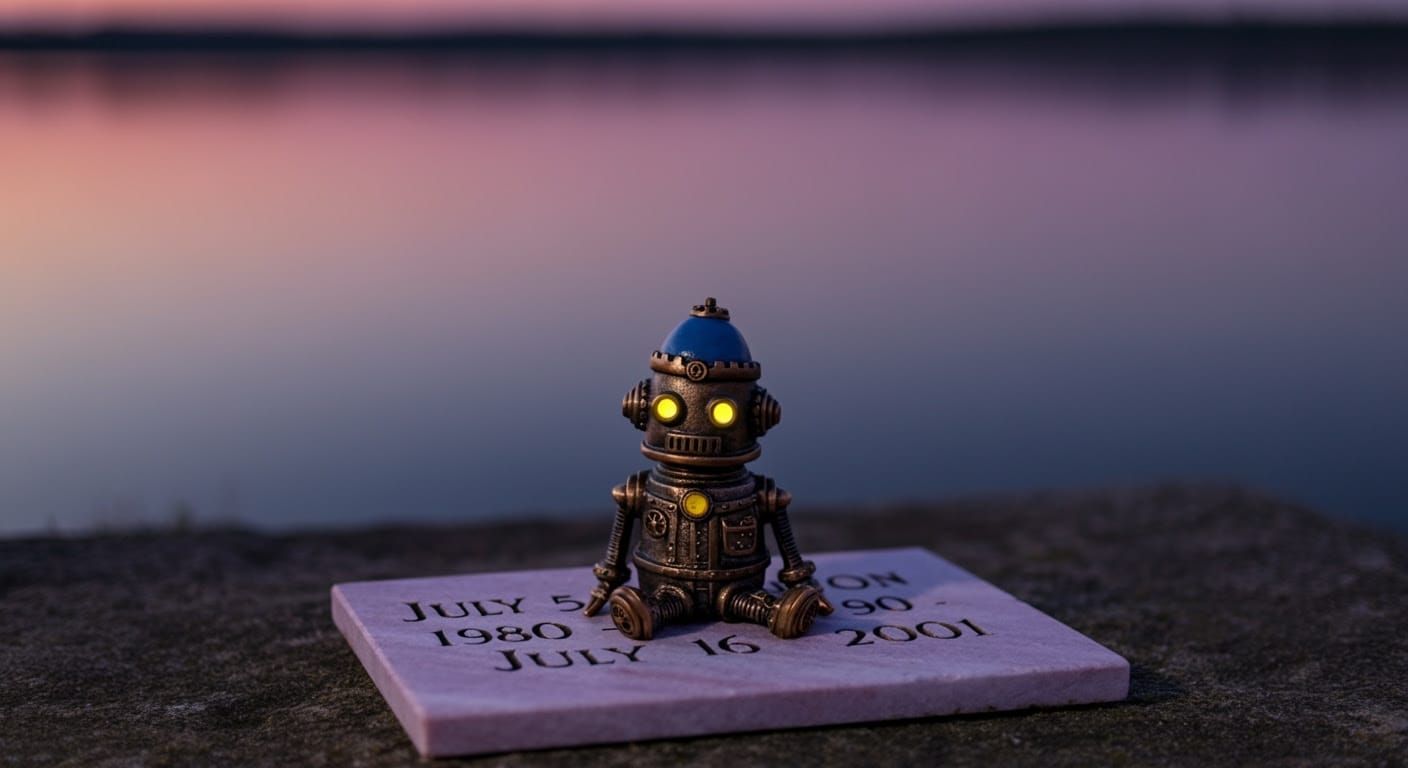 Steampunk Robot Reflects on Memories by Sunset Lake