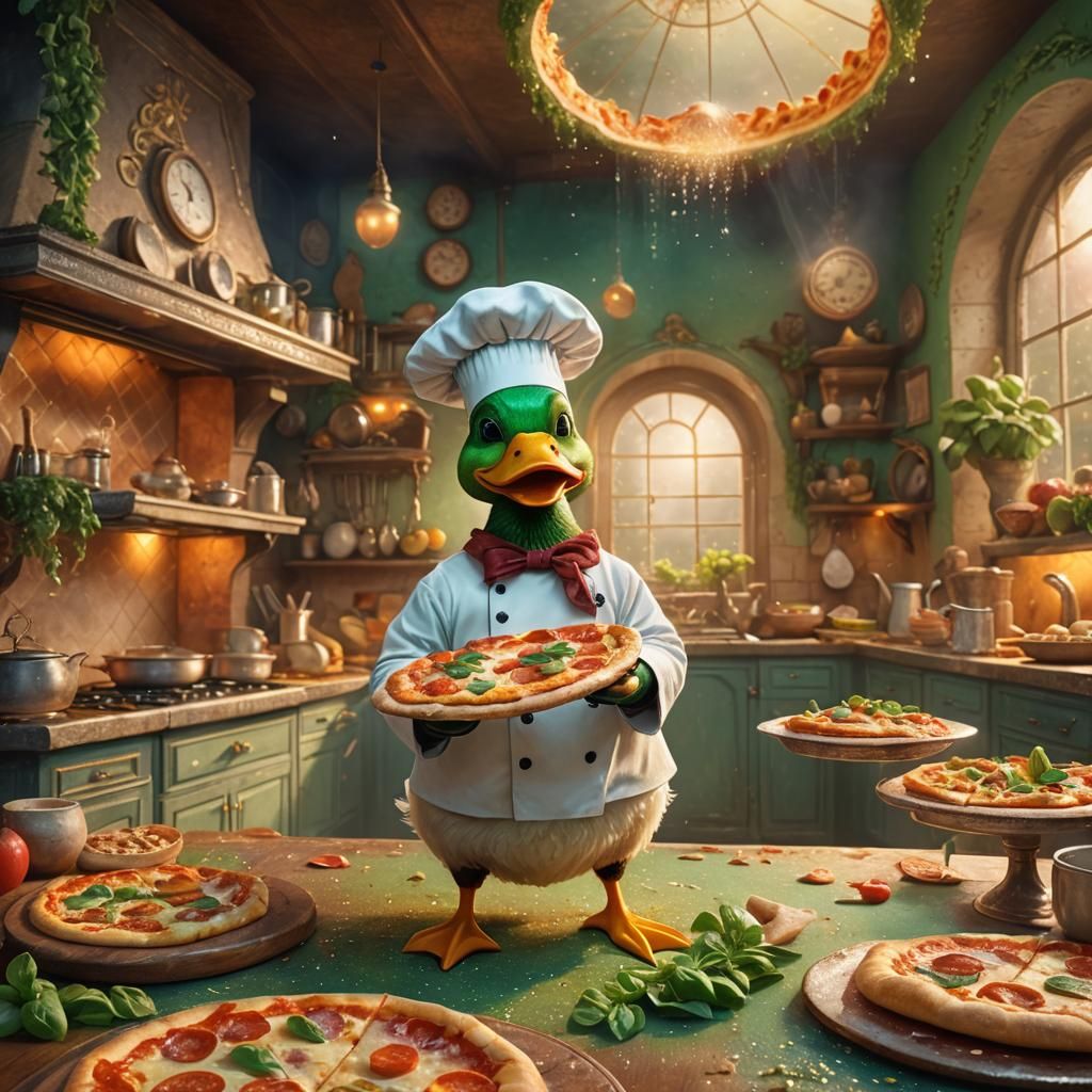 Duck Chef with Pizza in Fantasy Kitchen