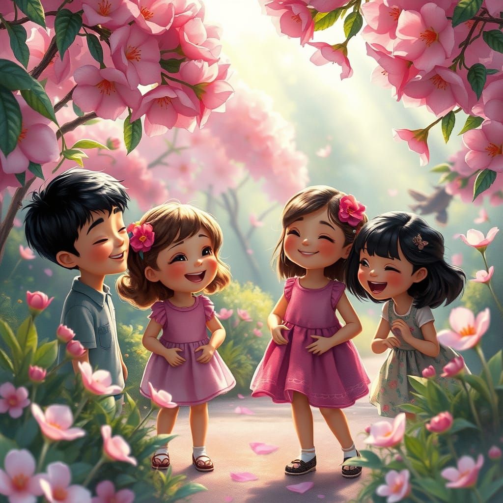 Surreal Blossom Park Scene in Whimsical Wet Painting Style