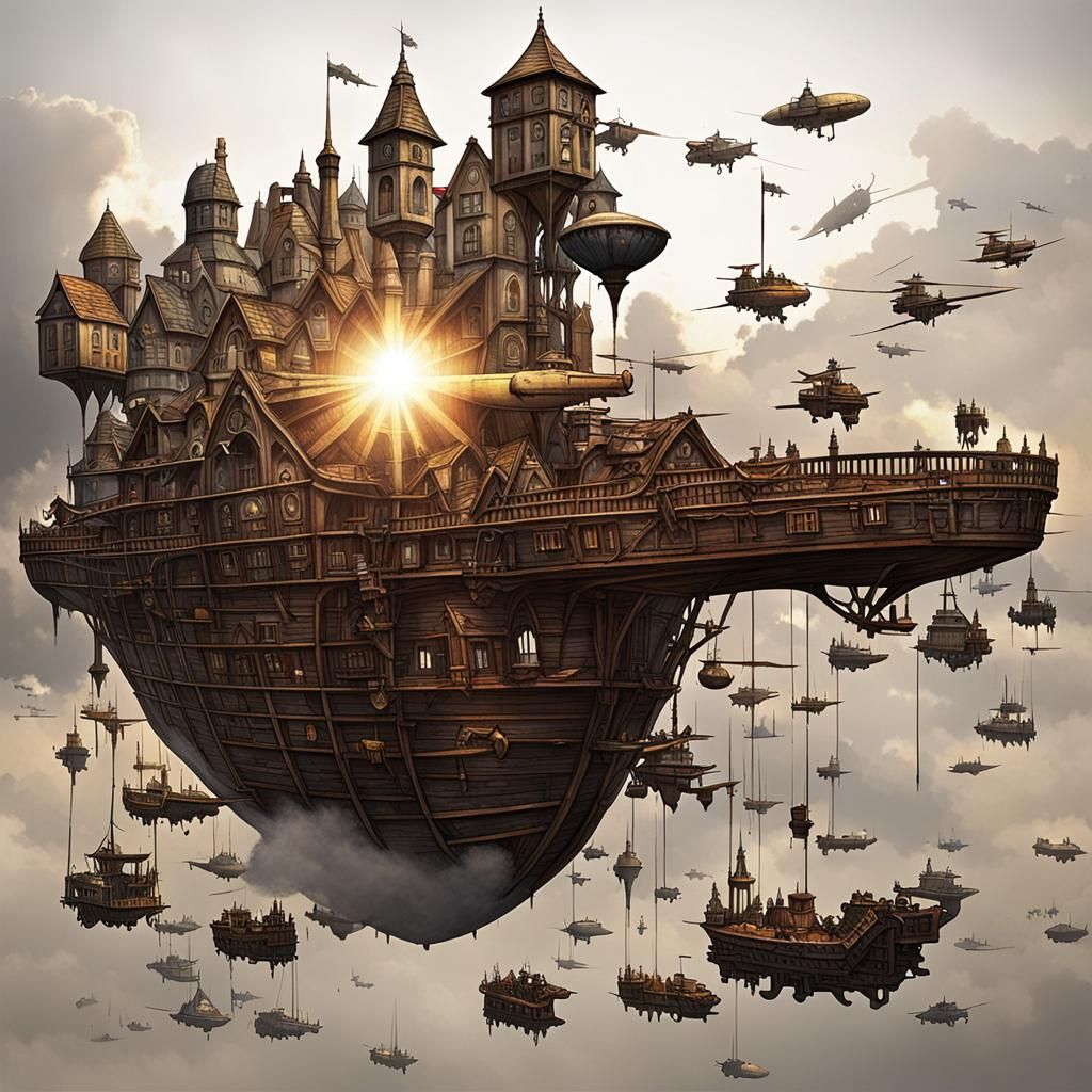 Airship Fleet Attacks Floating Town: Gothic Art