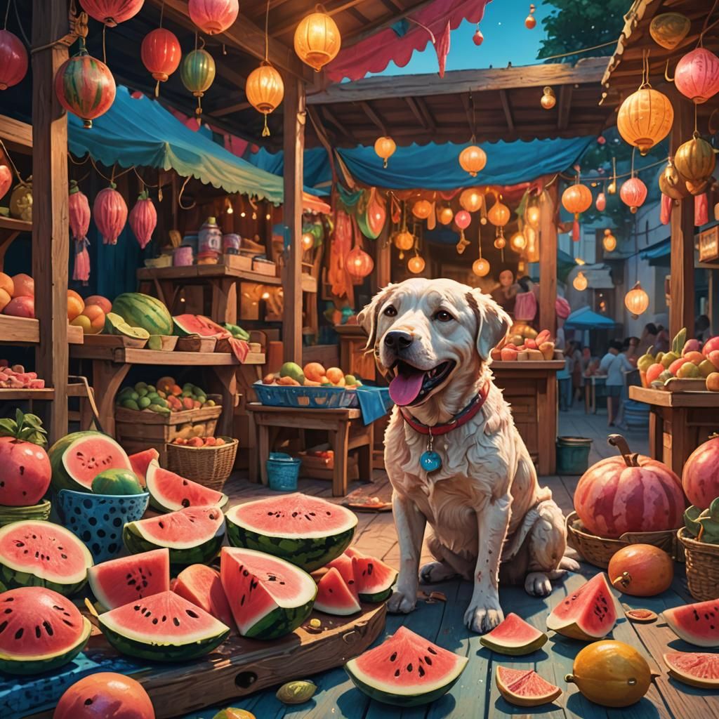 Dog eating watermelon