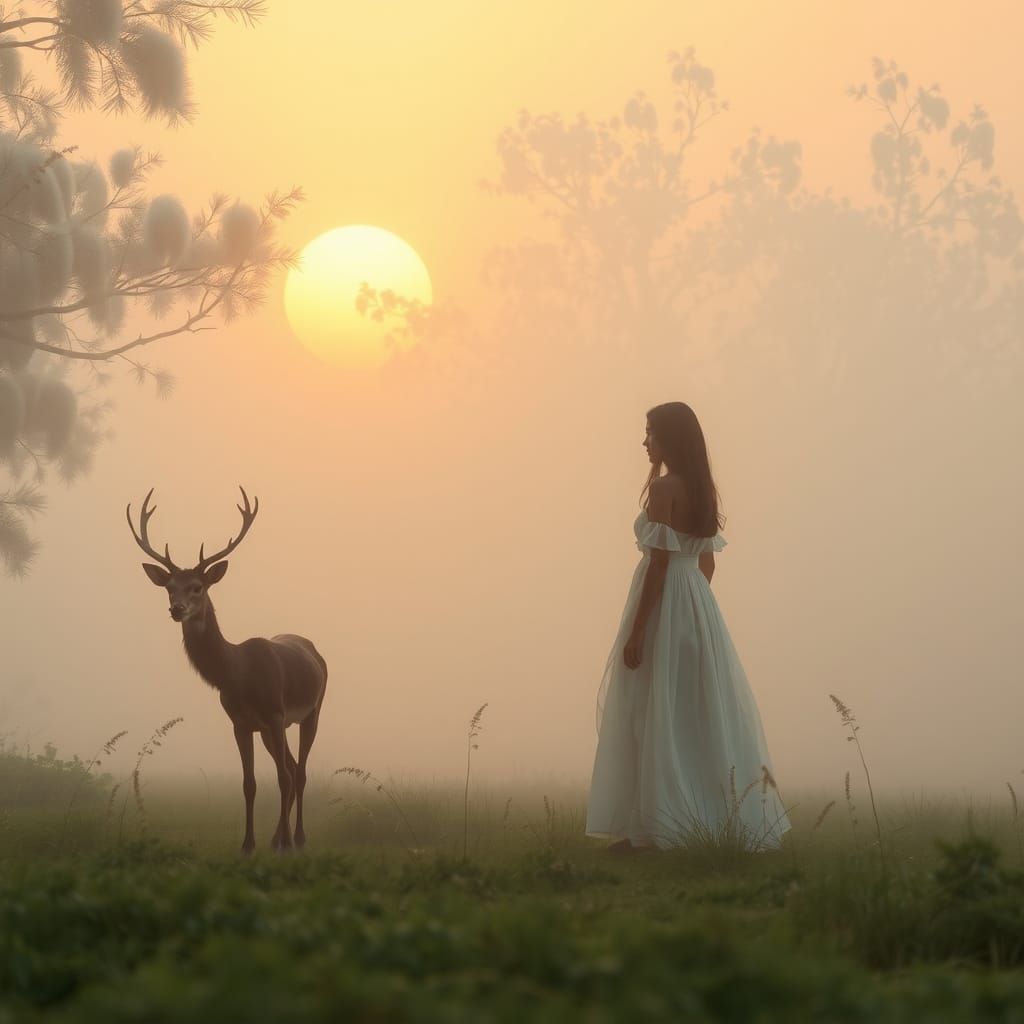 Woman and Deer in Misty Dawn Landscape