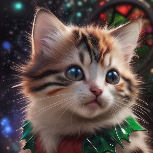 Stained Glass Christmas Kitten in Hyperrealistic 3D